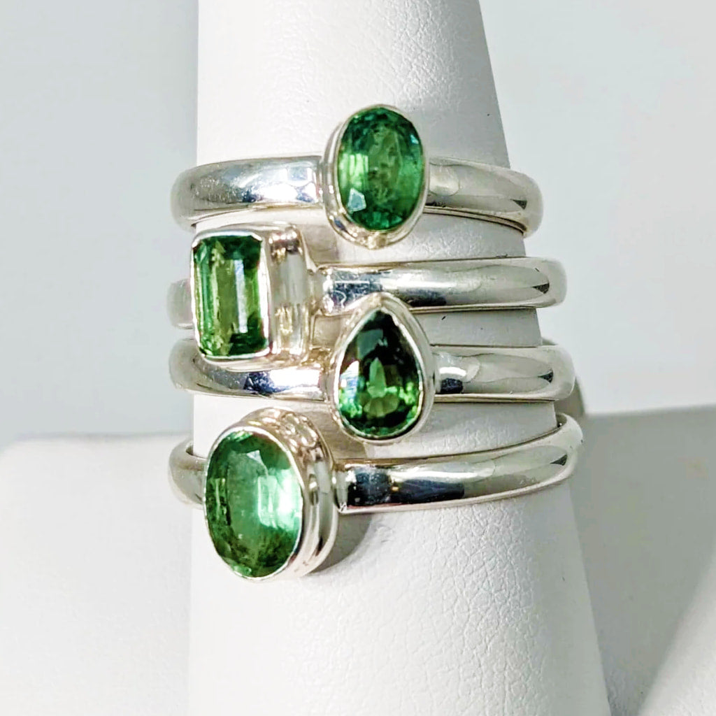 Green Kyanite Faceted Sterling Silver Ring #SK8322 with a stack of three green gem rings
