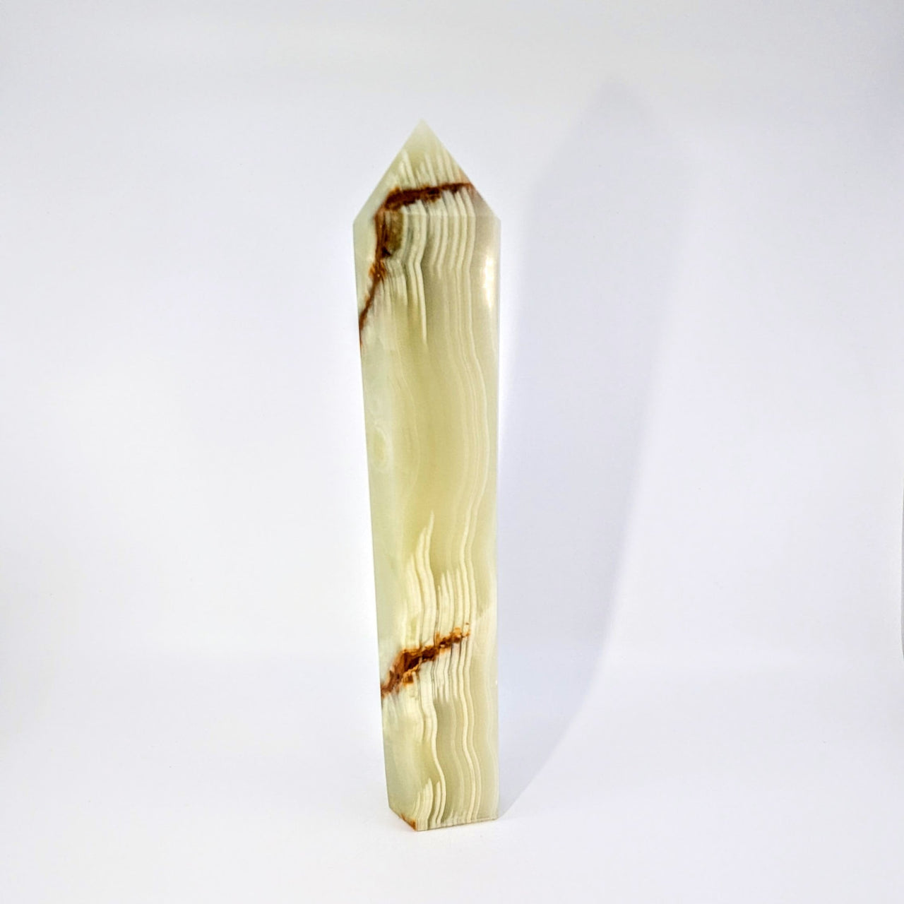 Green Onyx 12’’ Tower #BC0224: Tall Polished Onyx Obelisk with Creamy White Veining