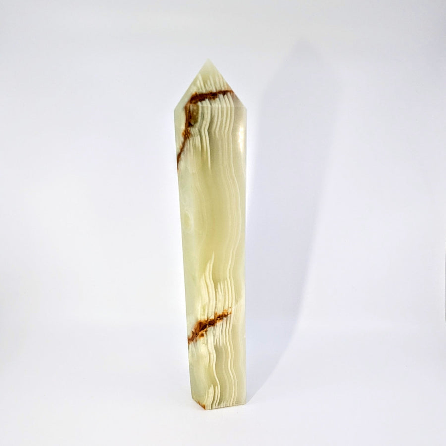 Green Onyx 12’’ Tower #BC0224: Tall Polished Onyx Obelisk with Creamy White Veining