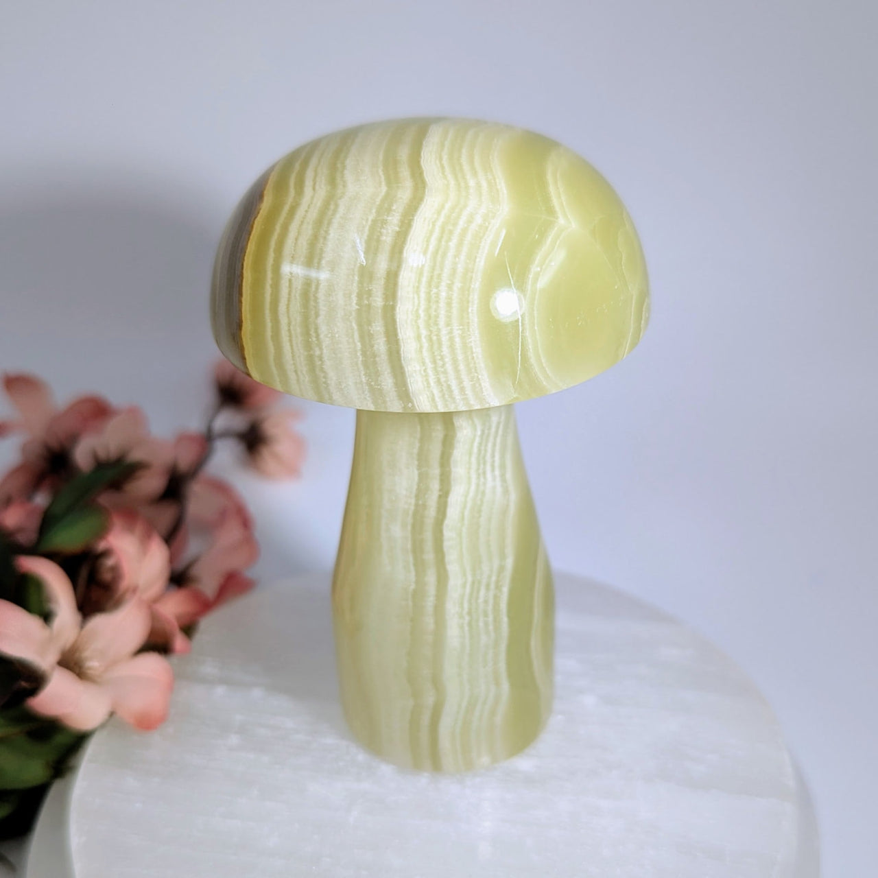 Polished light green onyx mushroom sculpture with wavy striations, 3.85 inch #BC0164