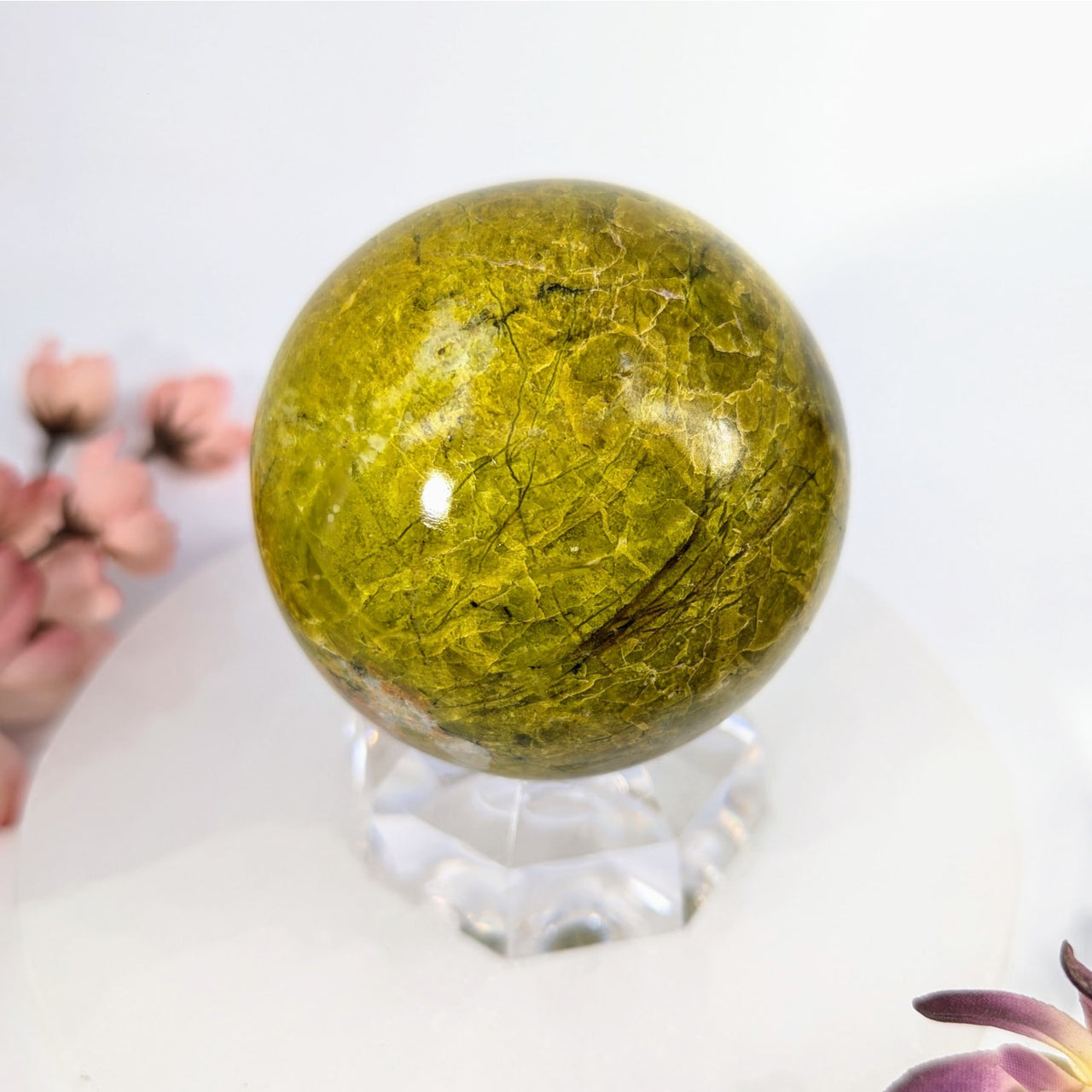 Polished 2.5’’ green opal sphere #BC0365 on crystal stand