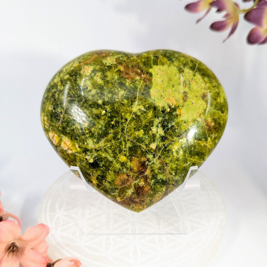 Green Opal 4-inch Heart #BC1120 with yellow brown veining on stand
