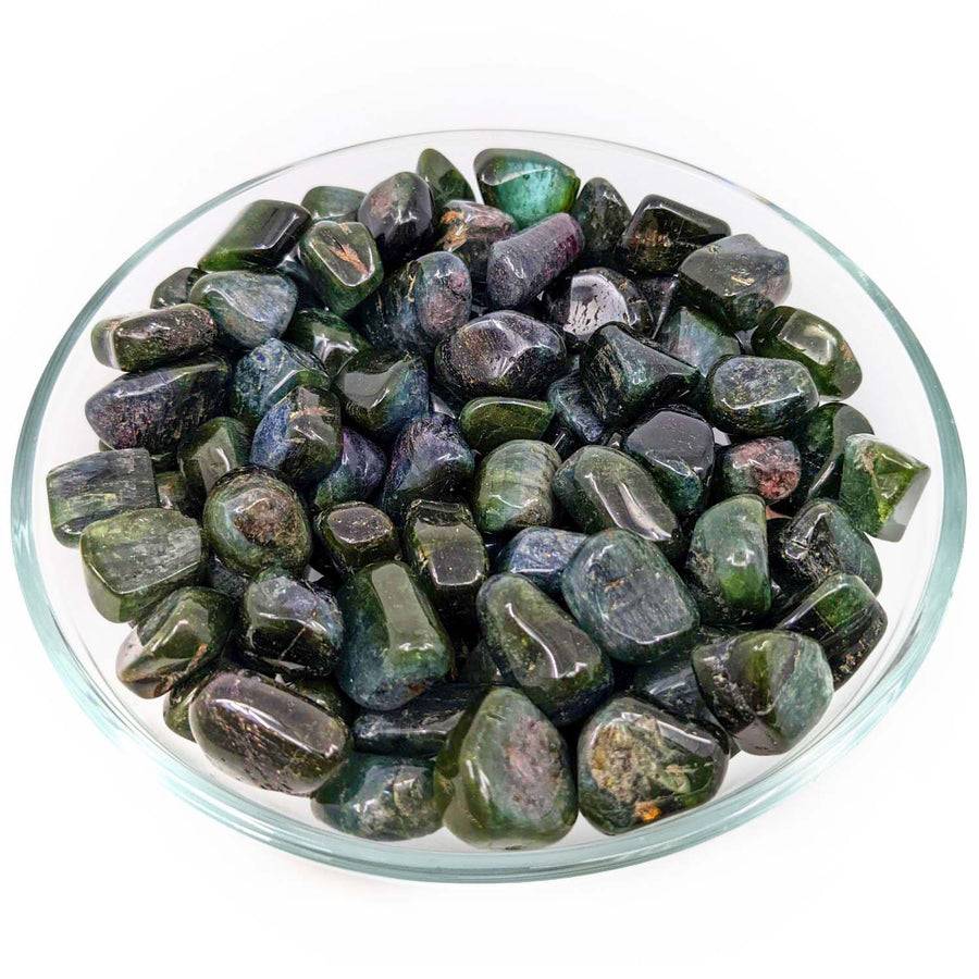 Polished dark green Apatite stones in a dish featured with Watermelon Tourmaline Tumbled Stone