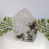 Green rutilated 2.9’’ quartz generator crystal #BC1267 with black copper inclusions