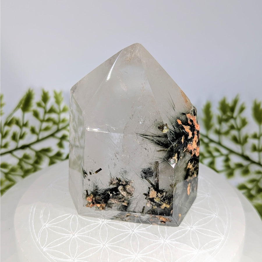 Green rutilated 2.9’’ quartz generator crystal #BC1267 with black copper inclusions