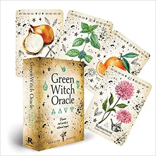 Close up of Green Witch Oracle book and cards, showcasing botanical magick tools