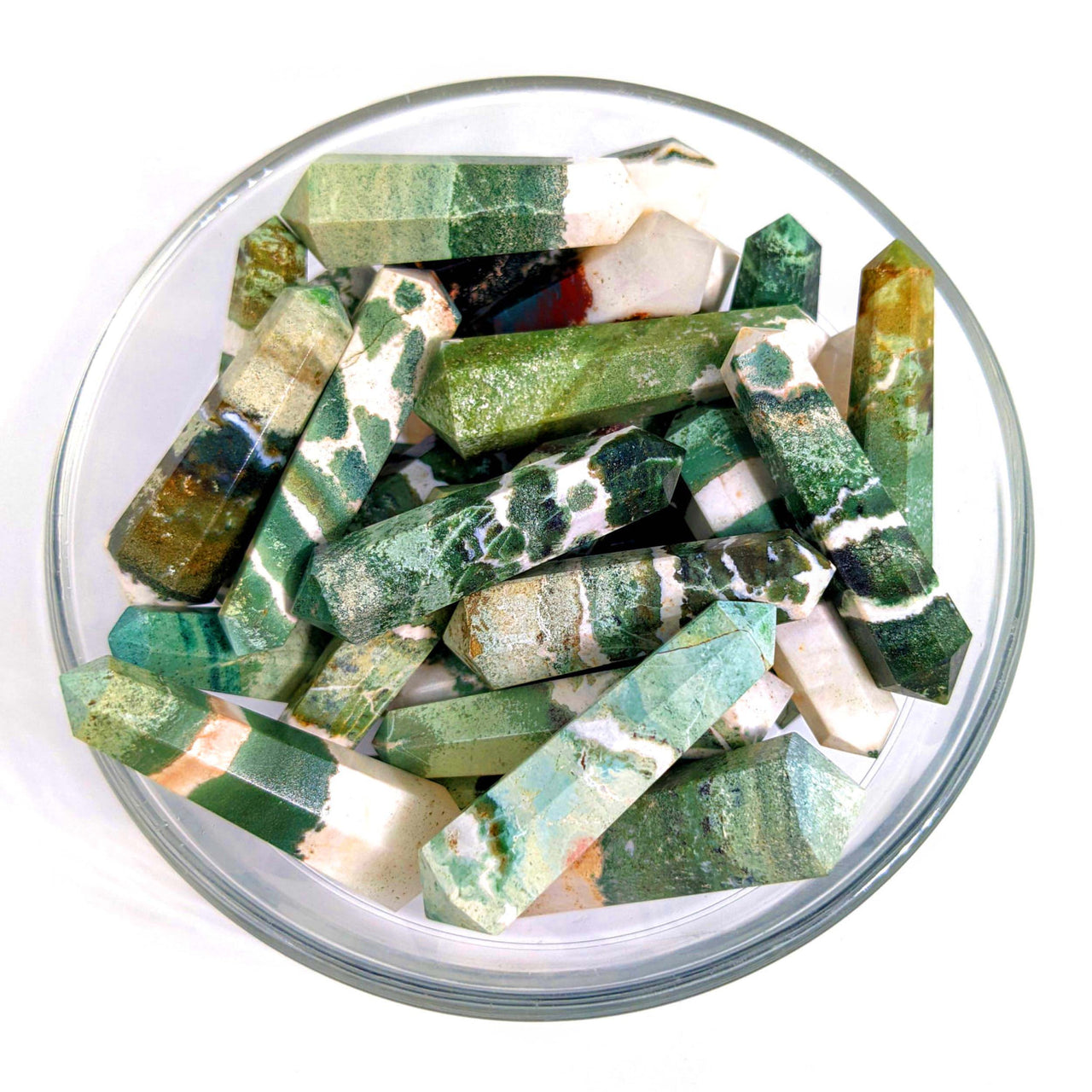 Green and white Green Zebra Sardonyx crystals in a glass bowl, SKU #SK9251