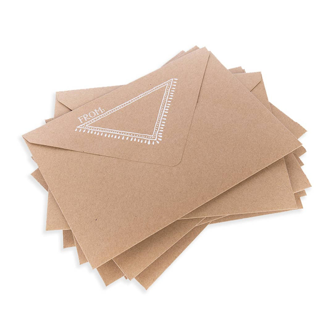 Stack of brown kraft paper envelopes with decorative stitching for Eye Wish Birthday card