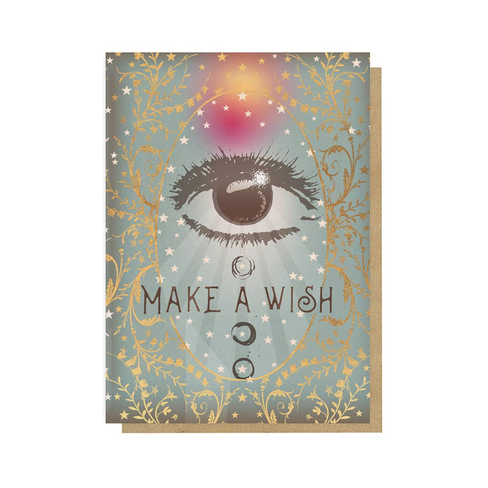 Illustration of a human eye with Make a Wish text on Eye Wish Birthday greeting card