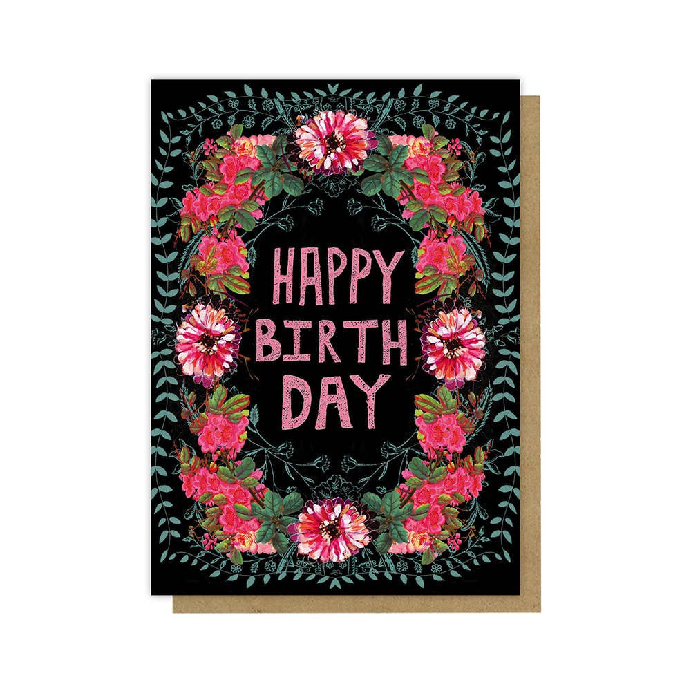 Wild At Heart #W0307-F black birthday card with pink glitter happy birthday and floral wreath