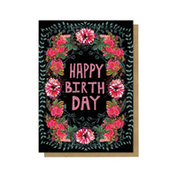 Wild At Heart #W0307-F black birthday card with pink glitter happy birthday and floral wreath