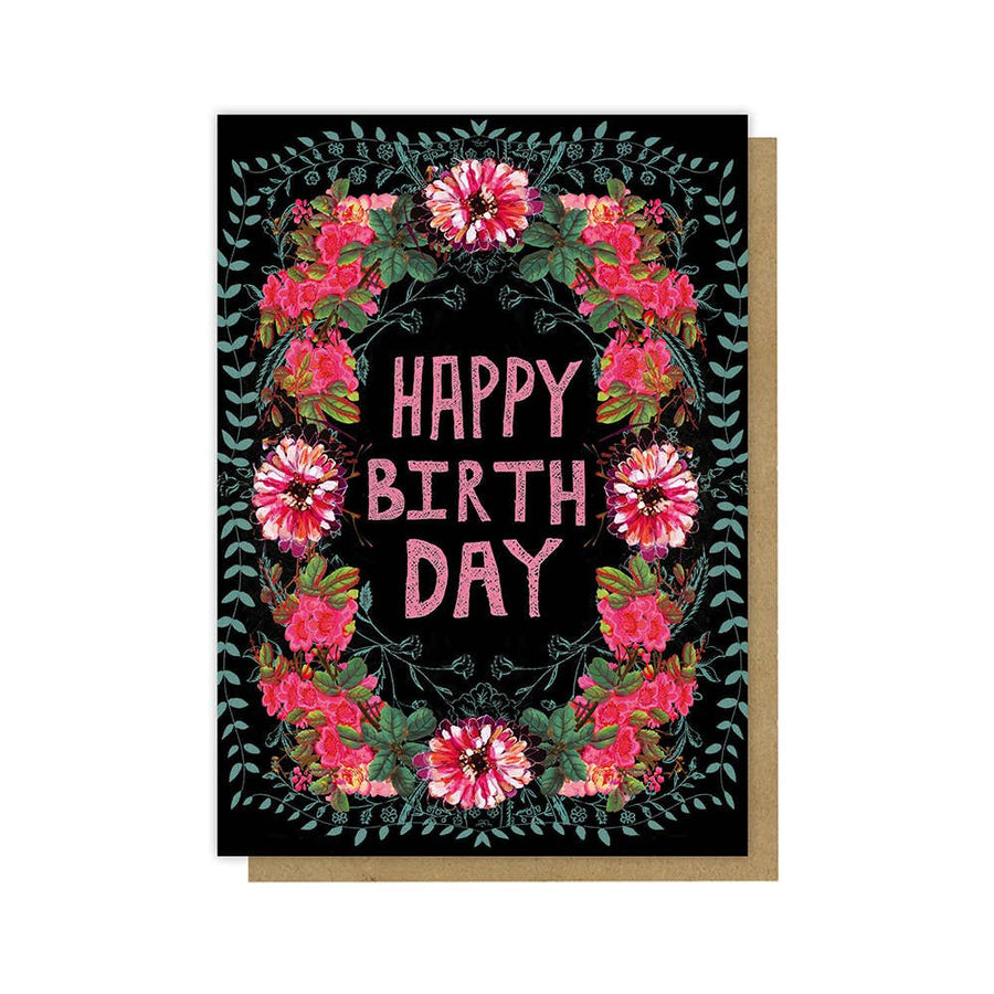 Wild At Heart #W0307-F black birthday card with pink glitter happy birthday and floral wreath