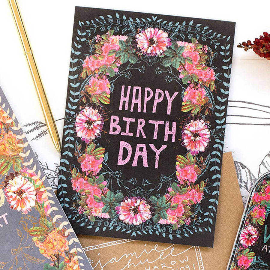 Wild At Heart #W0307-F black birthday card with pink glitter text and floral wreath