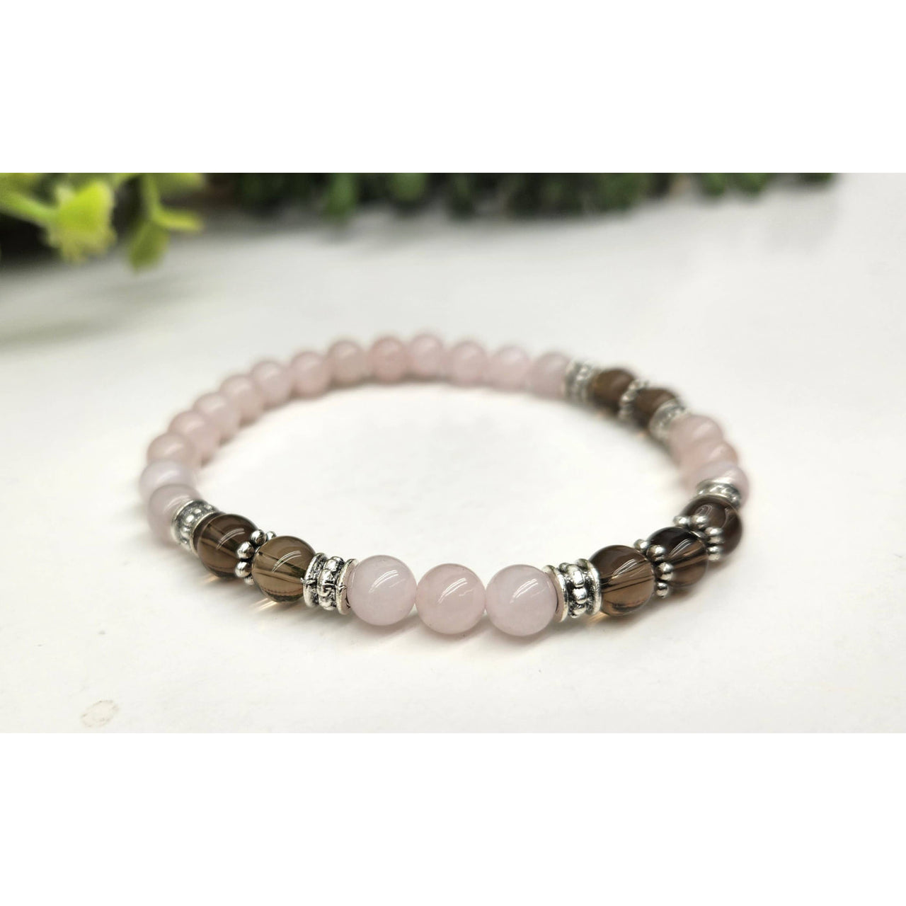 Rose Quartz Beaded Bracelet with Silver Accents for Grief Loss 7.5