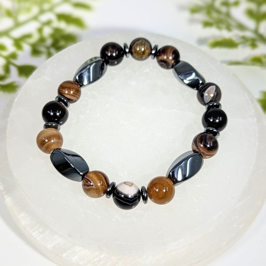 Grounding 8 inch multi stone bracelet with black hematite beads brown tiger eye crystals and white accent jewelry