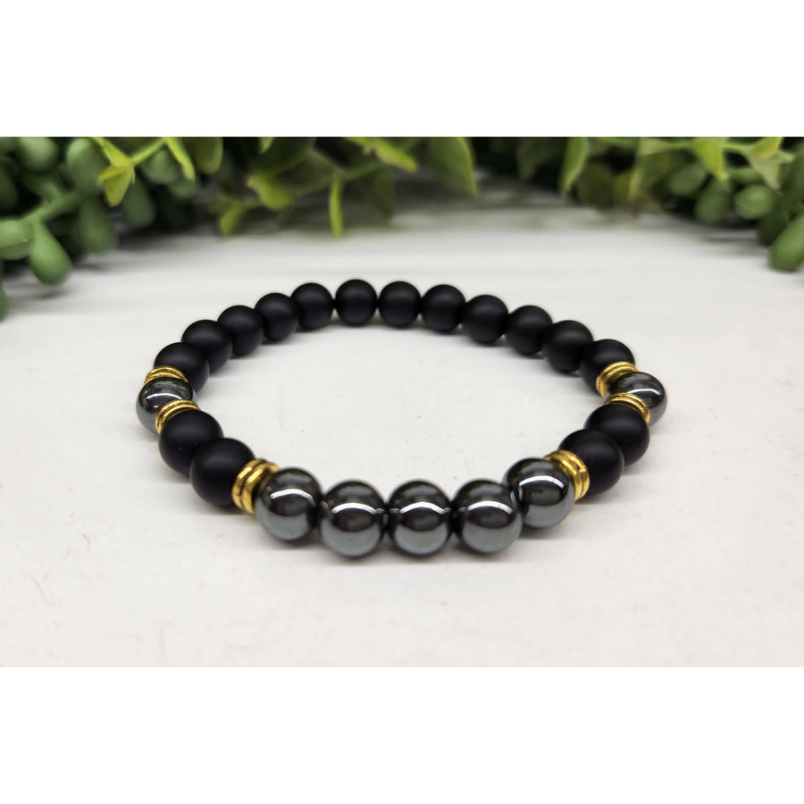 Black Obsidian Matte Hematite Bracelet with Gold Accents LV9519