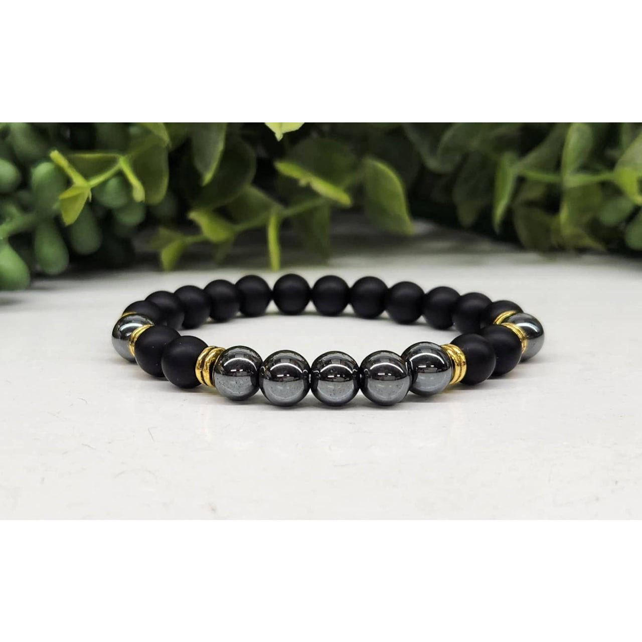 Black Obsidian Matte Hematite Bracelet with Gold Accents and Magnetic Clasp LV9519