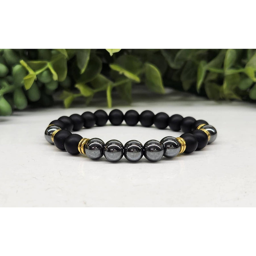 Black Obsidian Matte Hematite Bracelet with Gold Accents and Magnetic Clasp LV9519