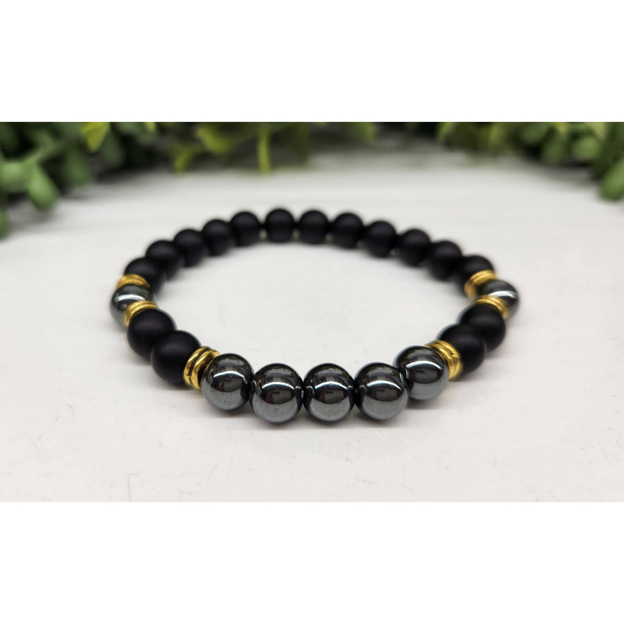 Black Obsidian Matte Hematite Bracelet with Gold Accents LV9519