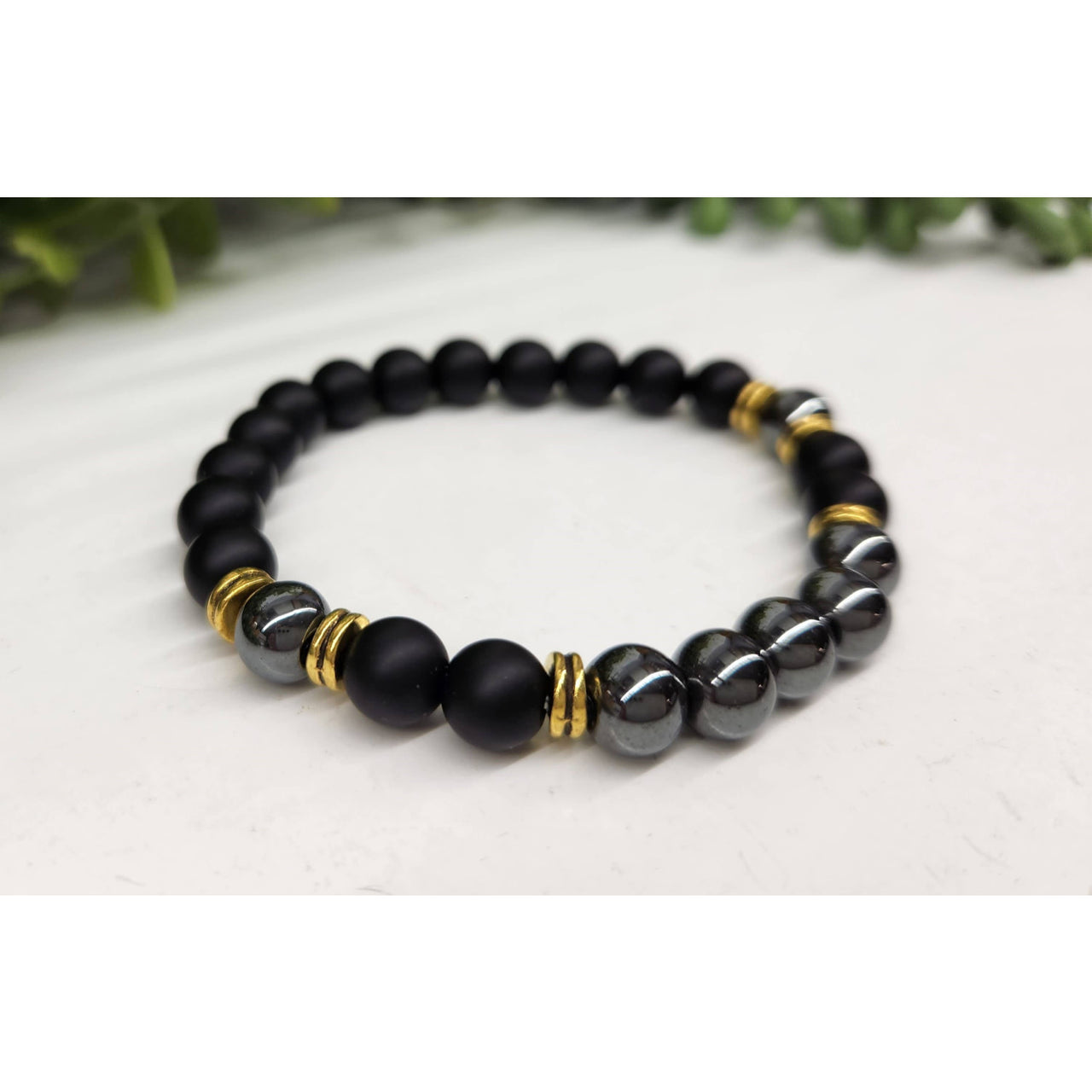 Black Obsidian Matte Hematite Bracelet with Gold Accents LV9519