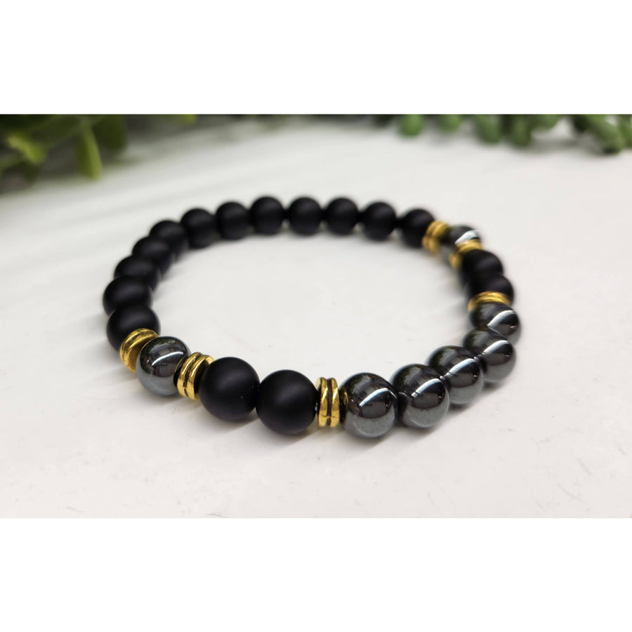Black Obsidian Matte Hematite Bracelet with Gold Accents LV9519