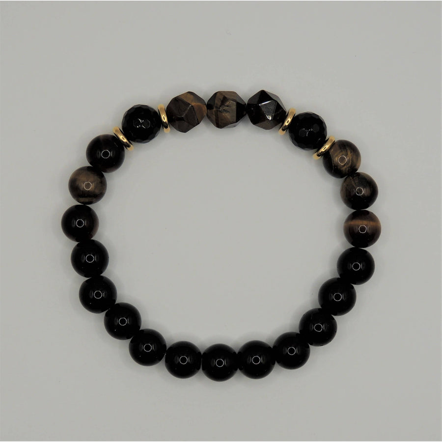Grounding beaded bracelet with tigers eye onyx obsidian palo santo LV9554