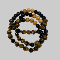 Grounding Tiger’s Eye Beaded Bracelet Set with Onyx, Obsidian, Palo Santo, Black and Gold Accents #LV9554