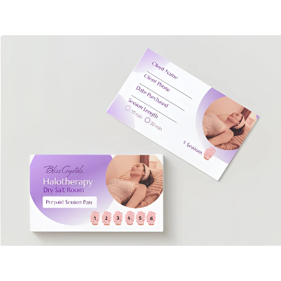 Purple and white halotherapy dry salt room session pass with a circular image of a person receiving treatment