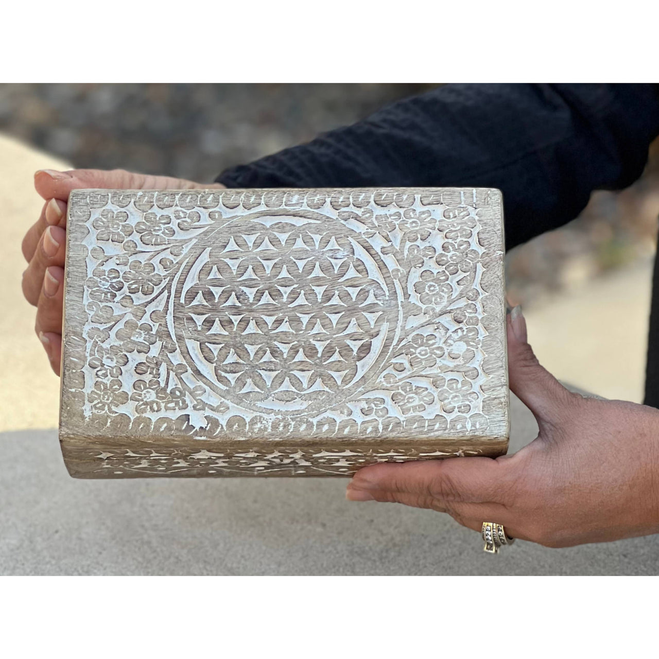 Hand Carved Flower of Life Wooden Box Keepsake Storage