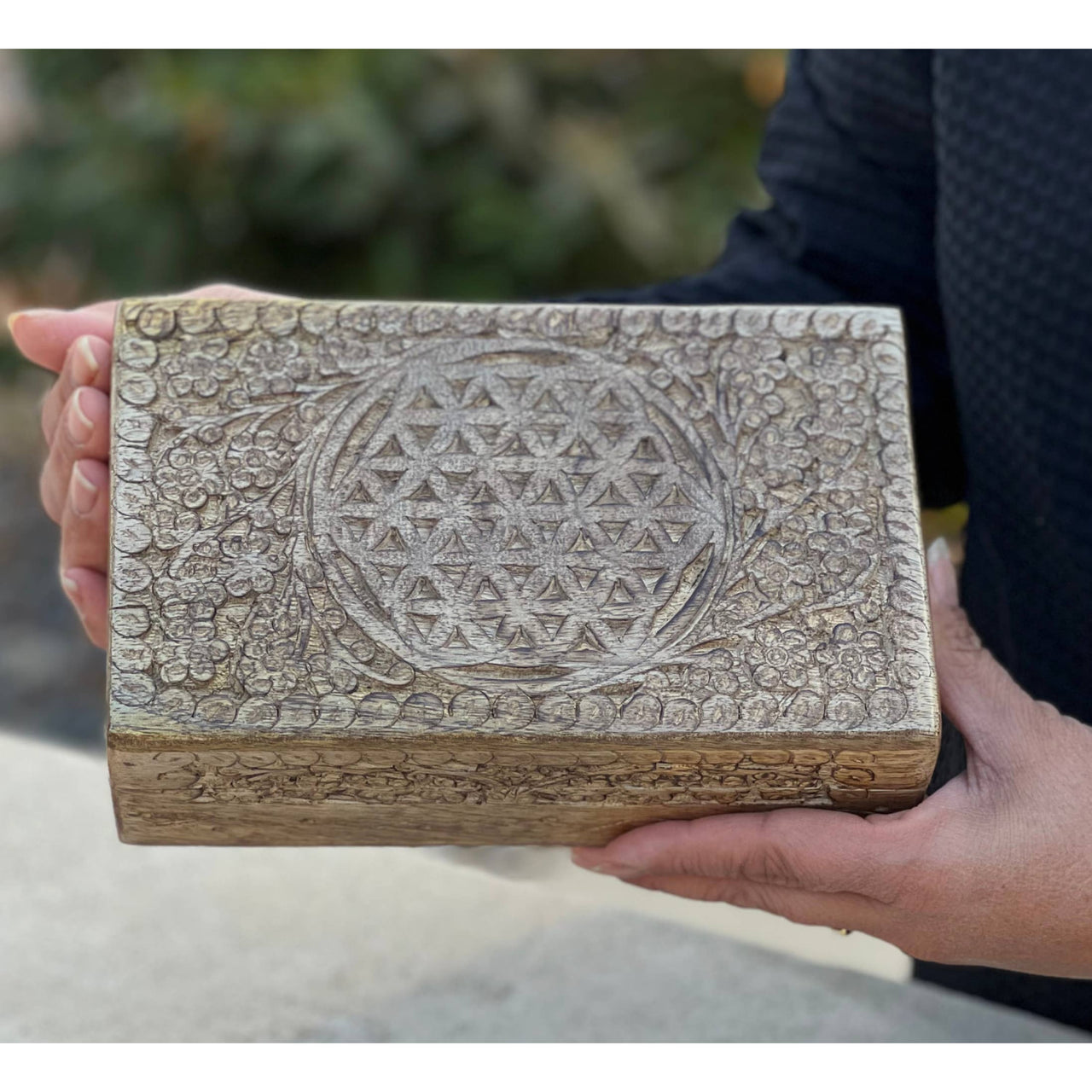 Hand Carved Flower of Life Wooden Box Keepsake Storage