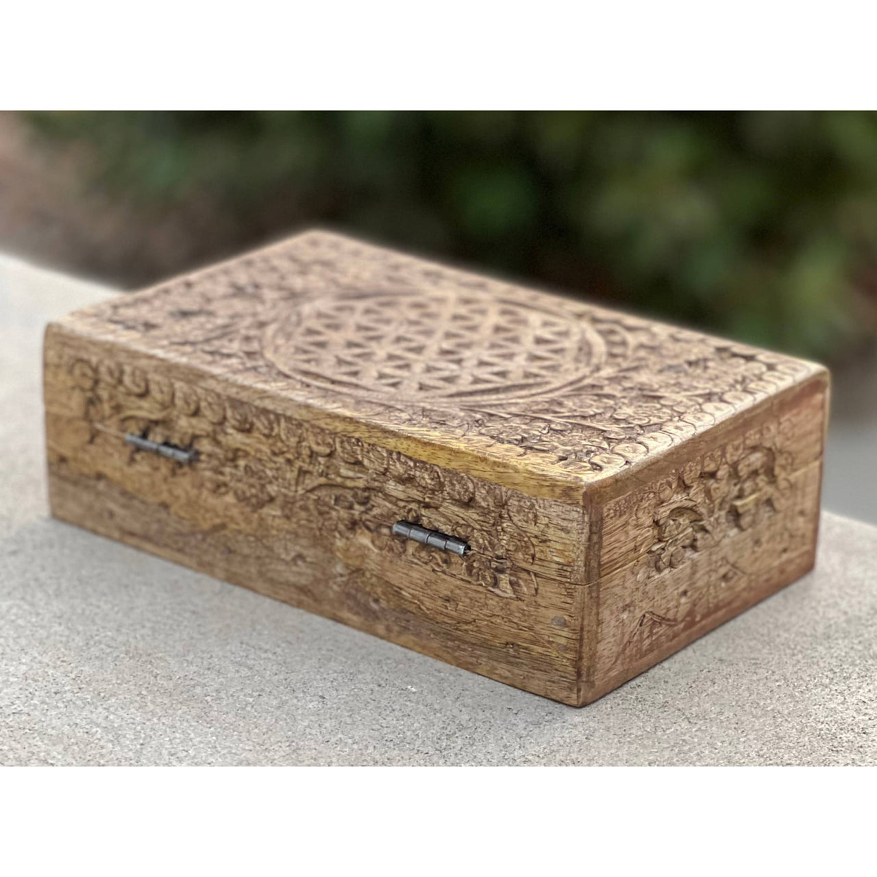 Hand Carved Flower of Life Wooden Box Keepsake Storage