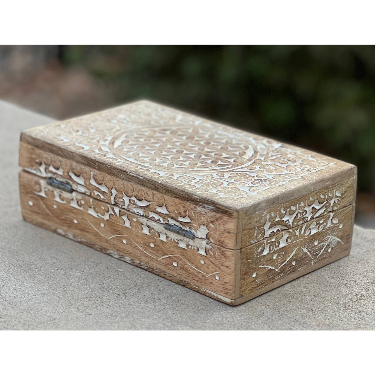 Hand Carved Flower of Life Wooden Box Keepsake Storage