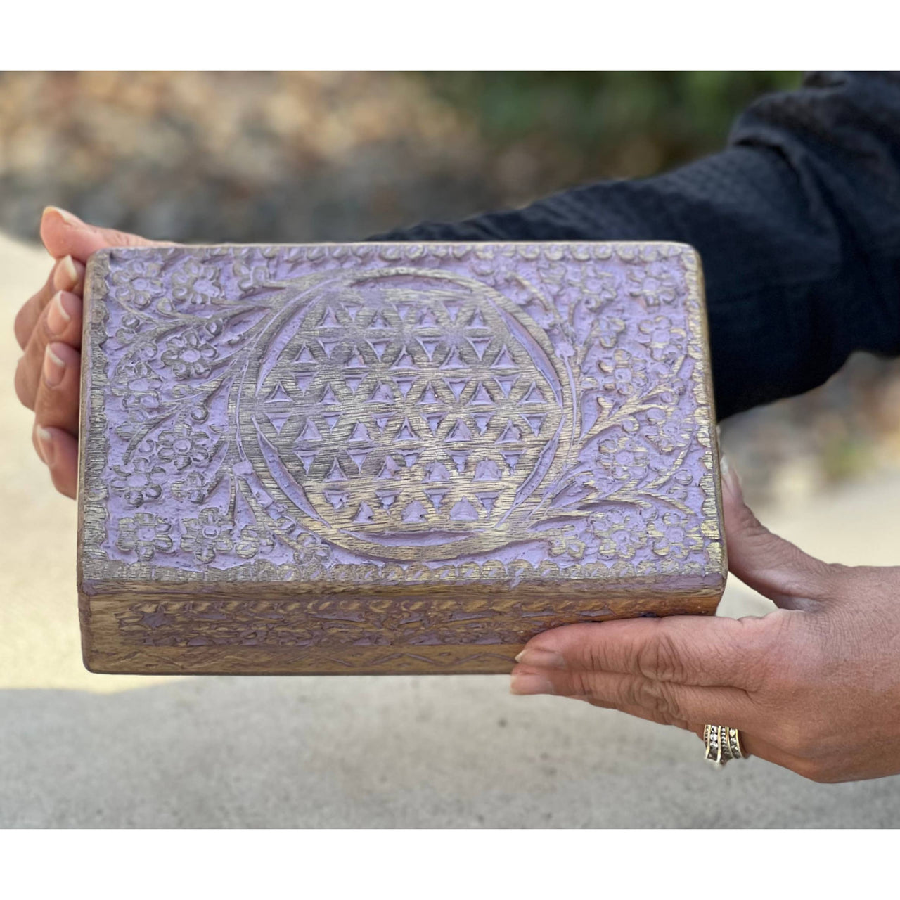 Hand Carved Flower of Life Wooden Box Keepsake Storage