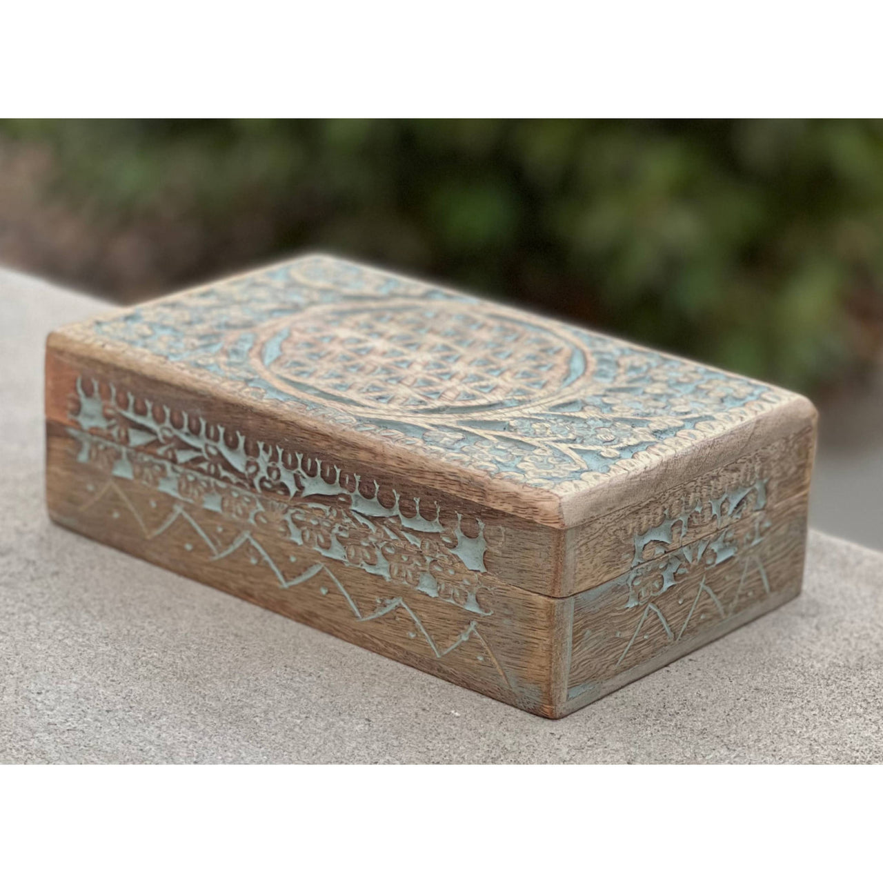 Hand Carved Flower of Life Wooden Box Keepsake Storage