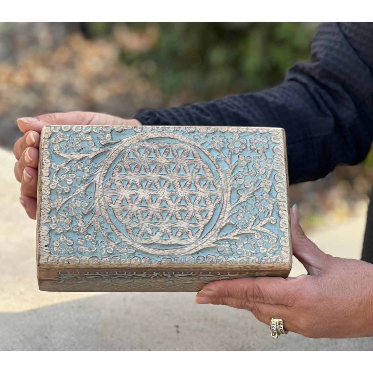 Hand Carved Flower of Life Wooden Box Keepsake Storage