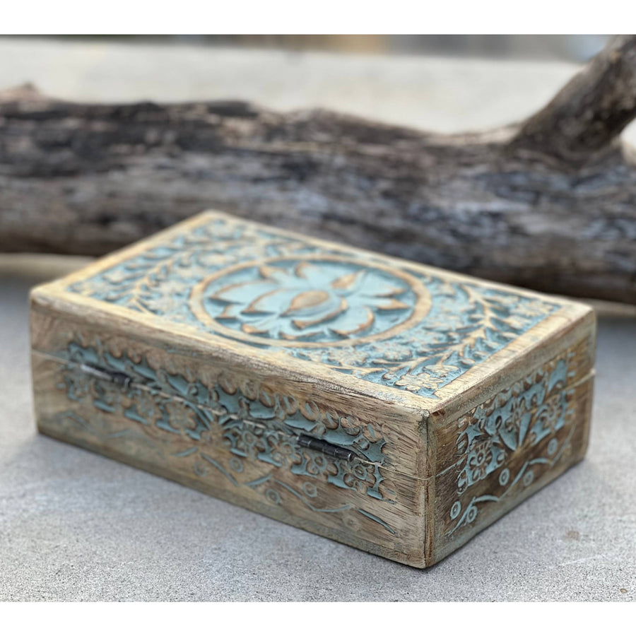 Ornate rectangular wooden box with hand-carved Lotus design in storage product LV7332