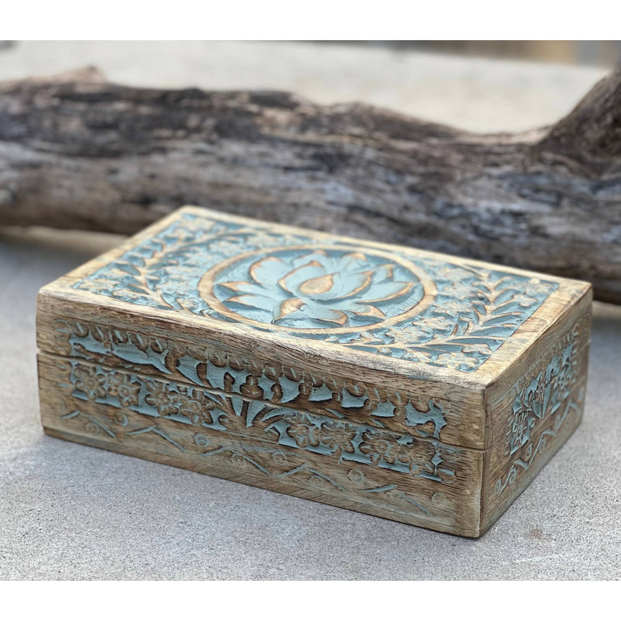 Hand Carved Lotus Wooden Box with Floral Design for Elegant Storage