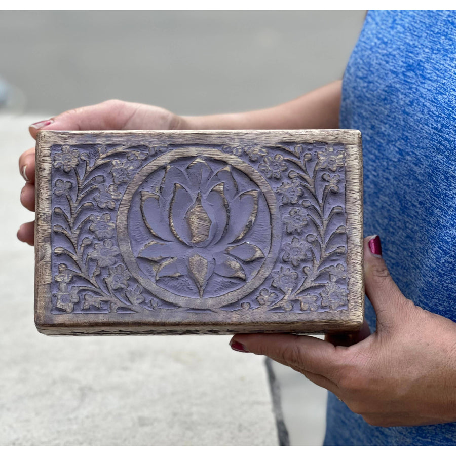 Hand Carved Lotus Wooden Box Storage with Floral Design for Elegant Home Decor