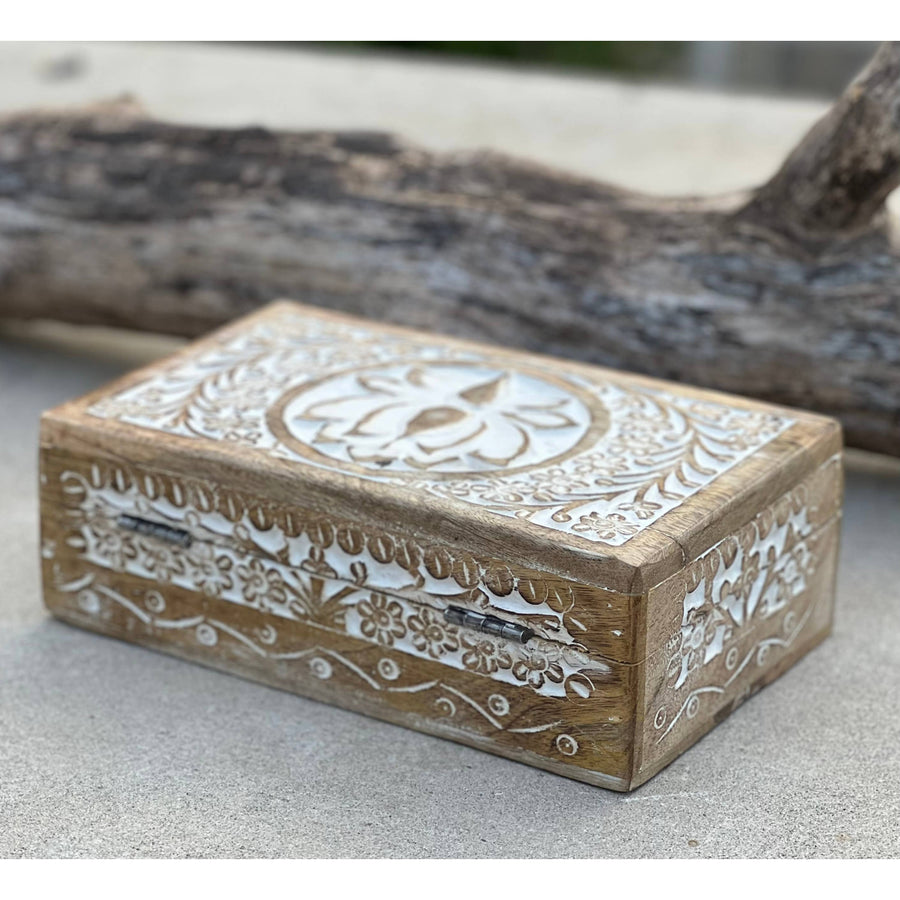 Ornate carved wooden lotus box for elegant storage showcasing Rajasthani craftsmanship