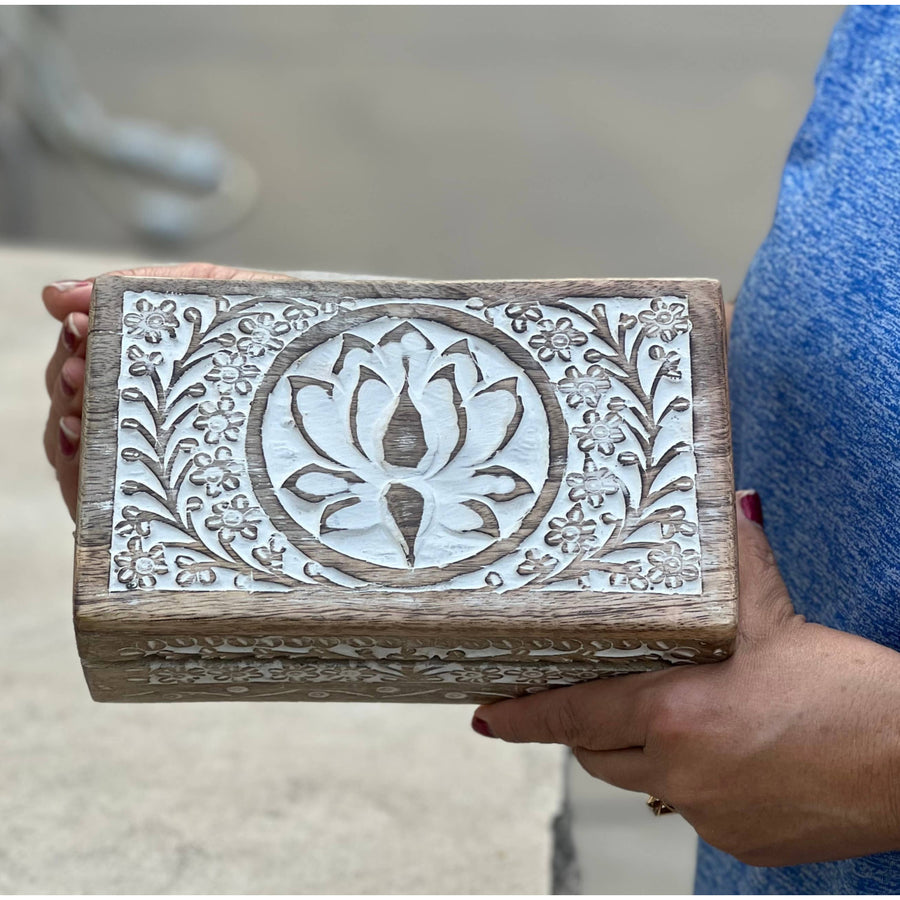 Hand Carved Lotus Wooden Box Storage with intricate floral design