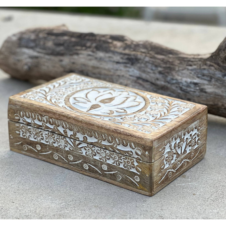 Hand Carved Lotus Wooden Box with Floral Design for Elegant Storage
