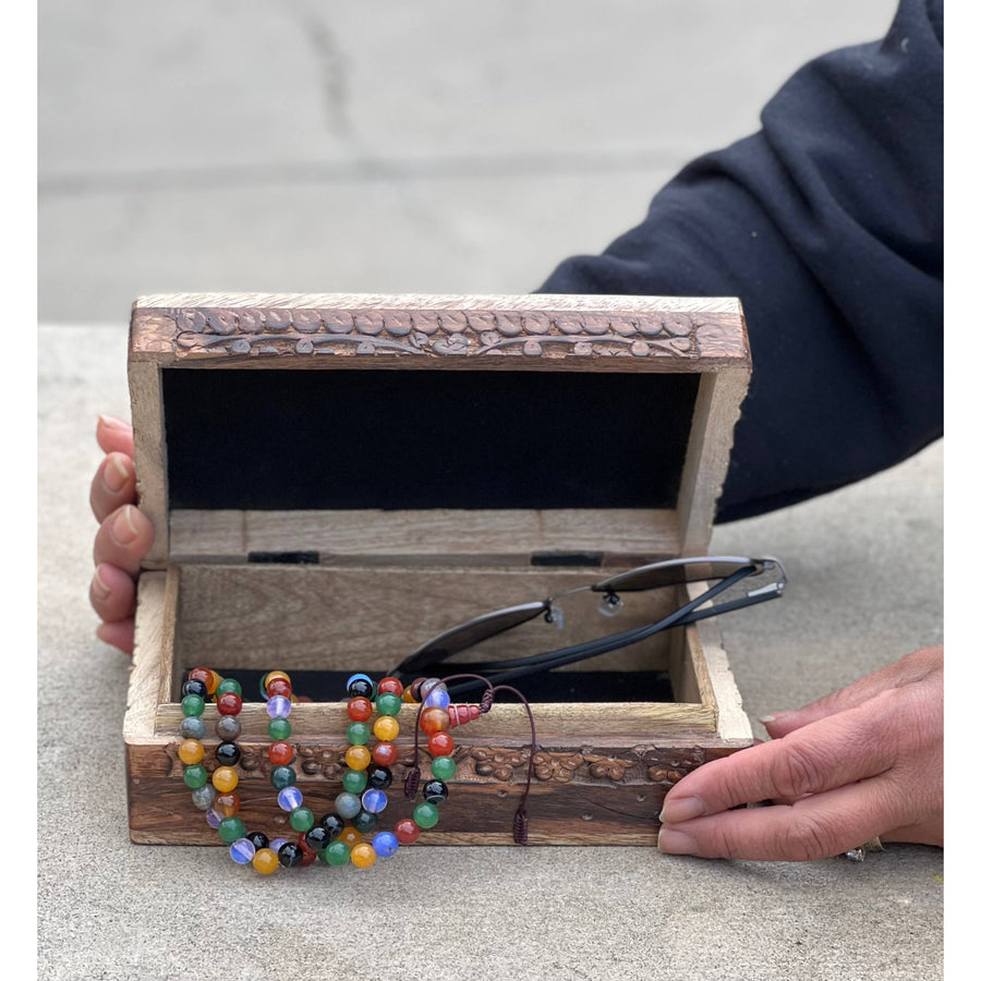 Open Wooden Box with Colorful Beads and Sunglasses in Hand Carved Lotus Storage Box