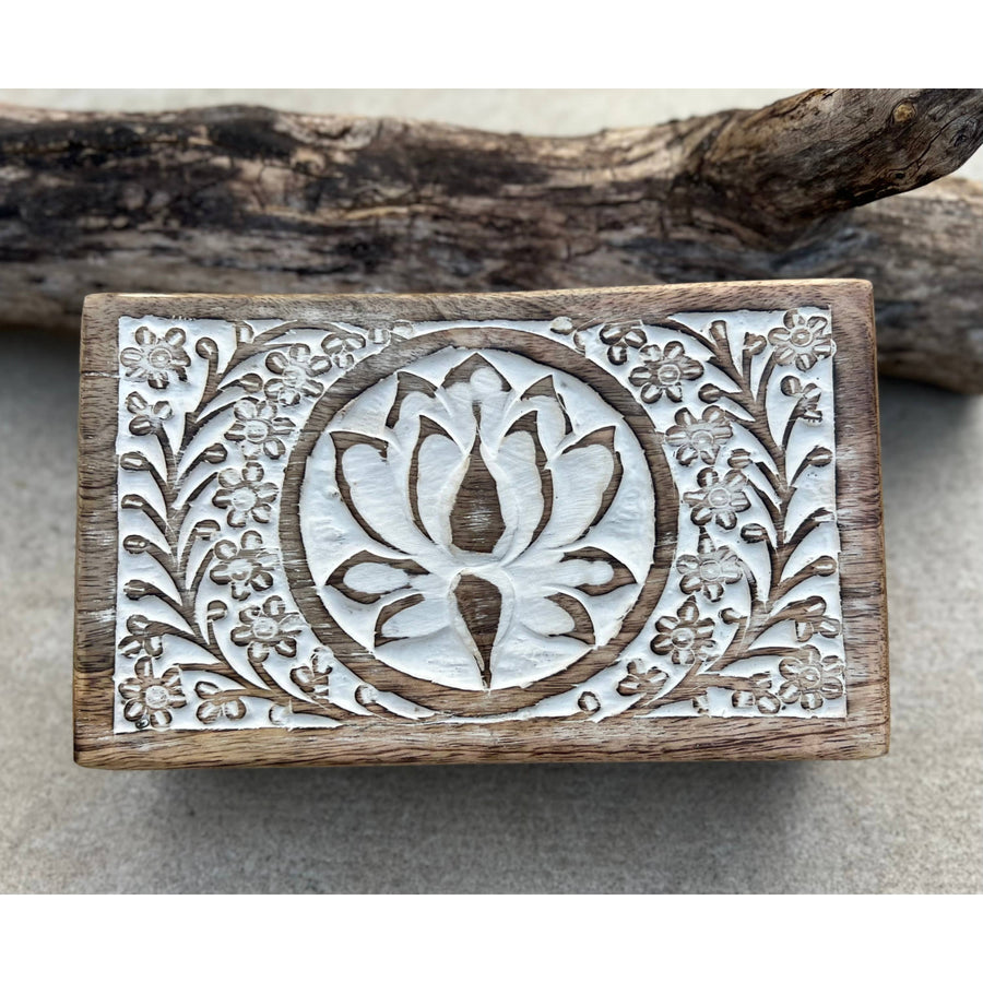 Hand carved Lotus wooden box with floral design for elegant storage