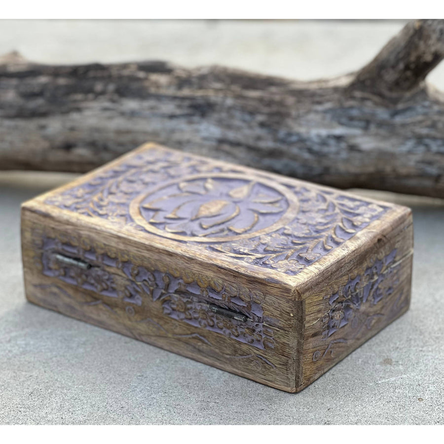 Ornate lavender-accented Hand Carved Lotus Wooden Box Storage LV7332