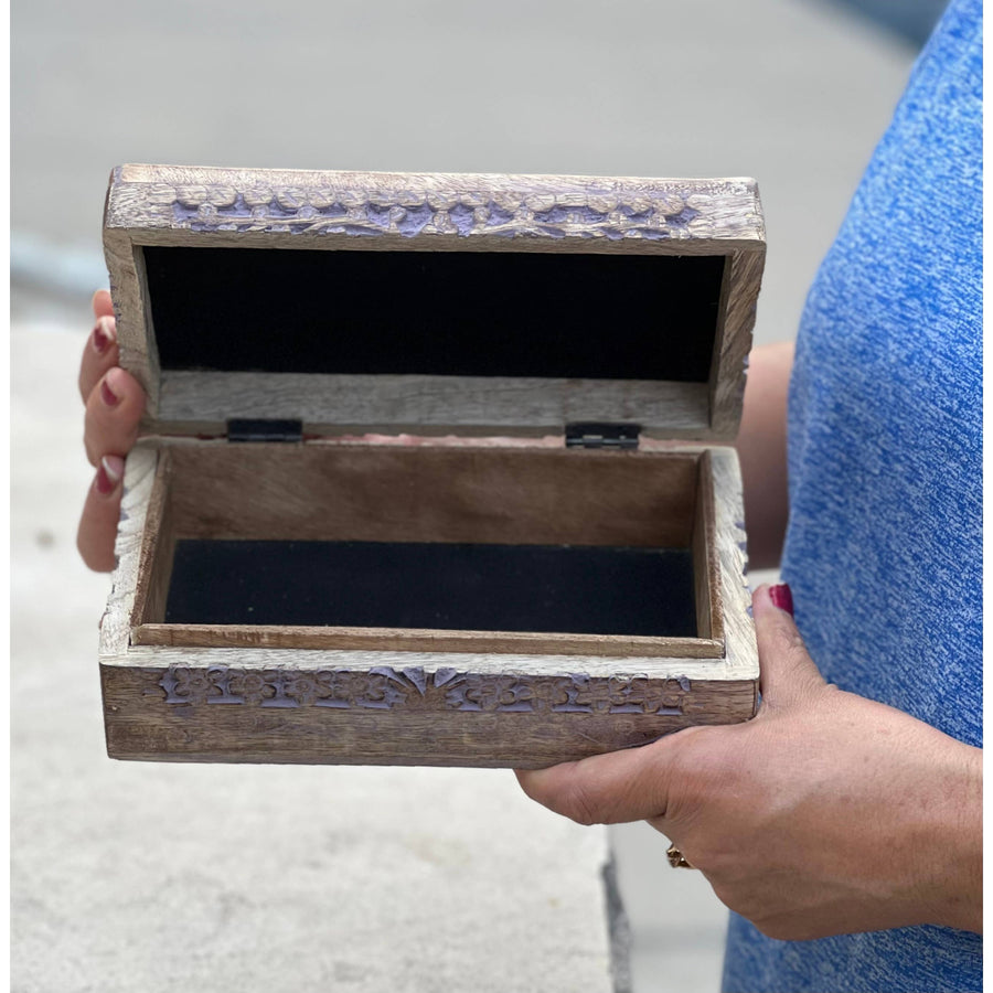 Open carved wooden Lotus box showcasing intricate handcrafted storage design