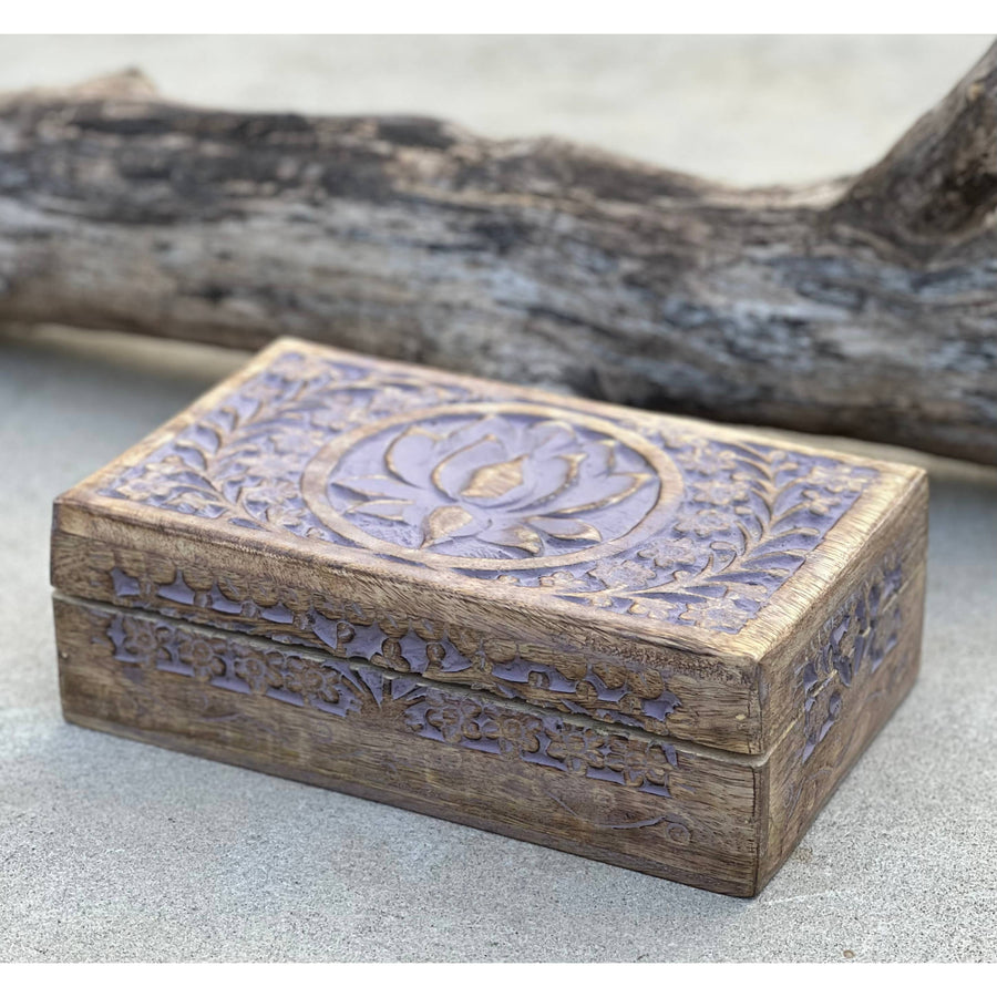 Hand Carved Lotus Wooden Box Storage with intricate floral design