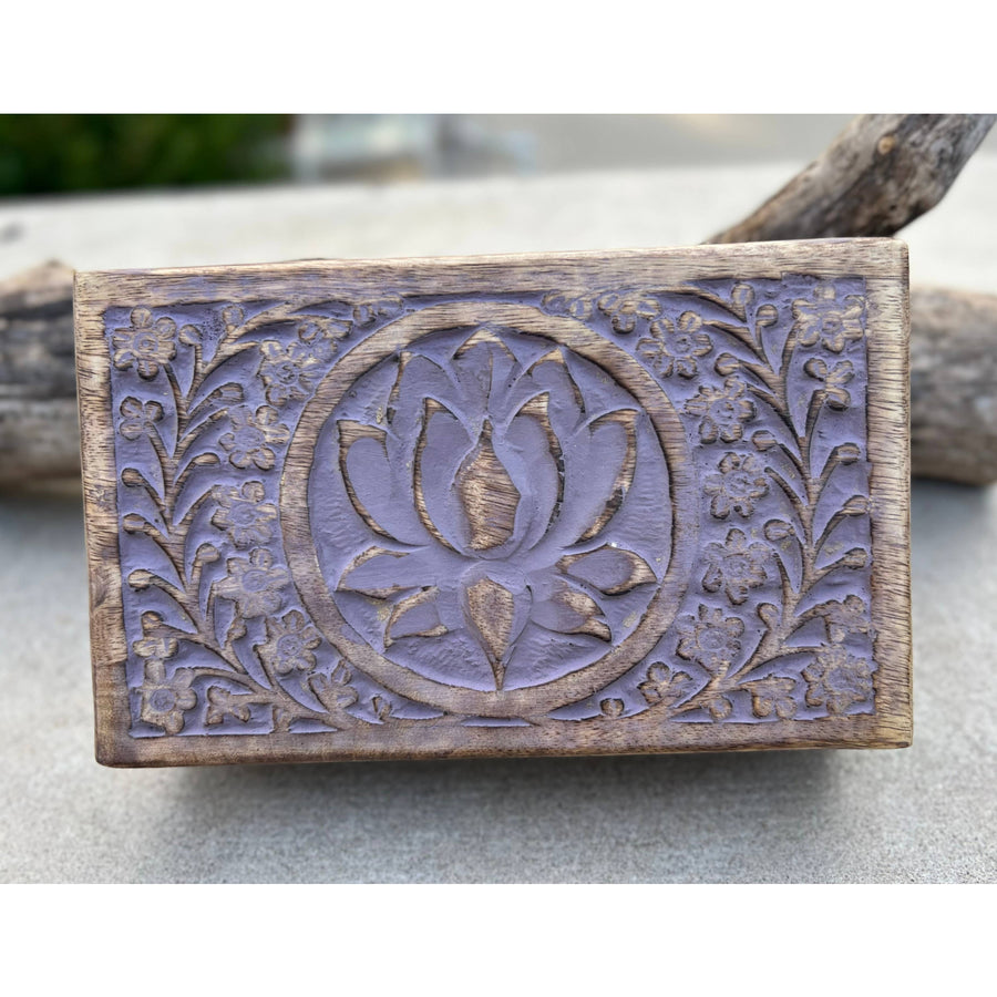 Rectangular wooden box with carved Lotus and floral design for elegant storage