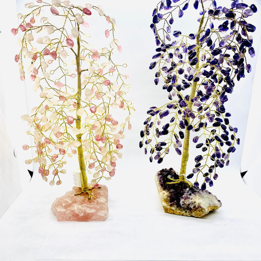Handmade Gemstone Tree #X004 with two vases filled with flowers and decorative rocks