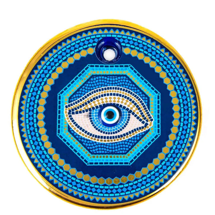 Mosaic-style Handmade Gold Evil Eye Wall Hanging with blue, gold, and white patterns