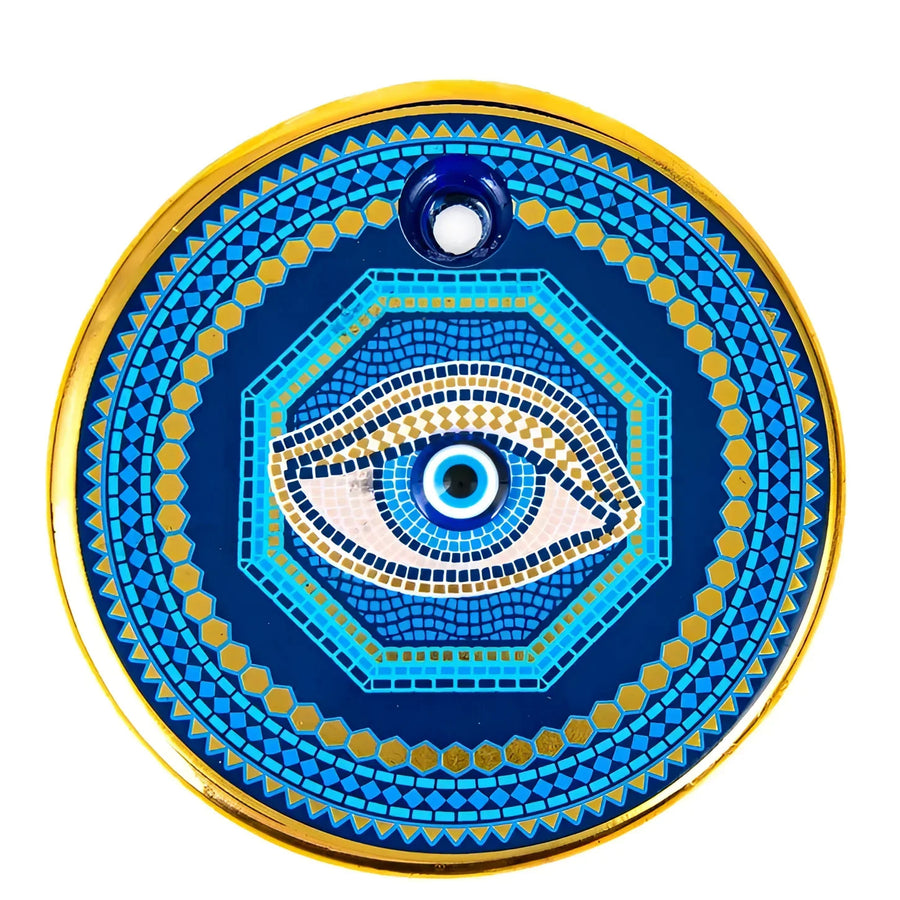 Mosaic-style Handmade Gold Evil Eye Wall Hanging with blue, gold, and white patterns